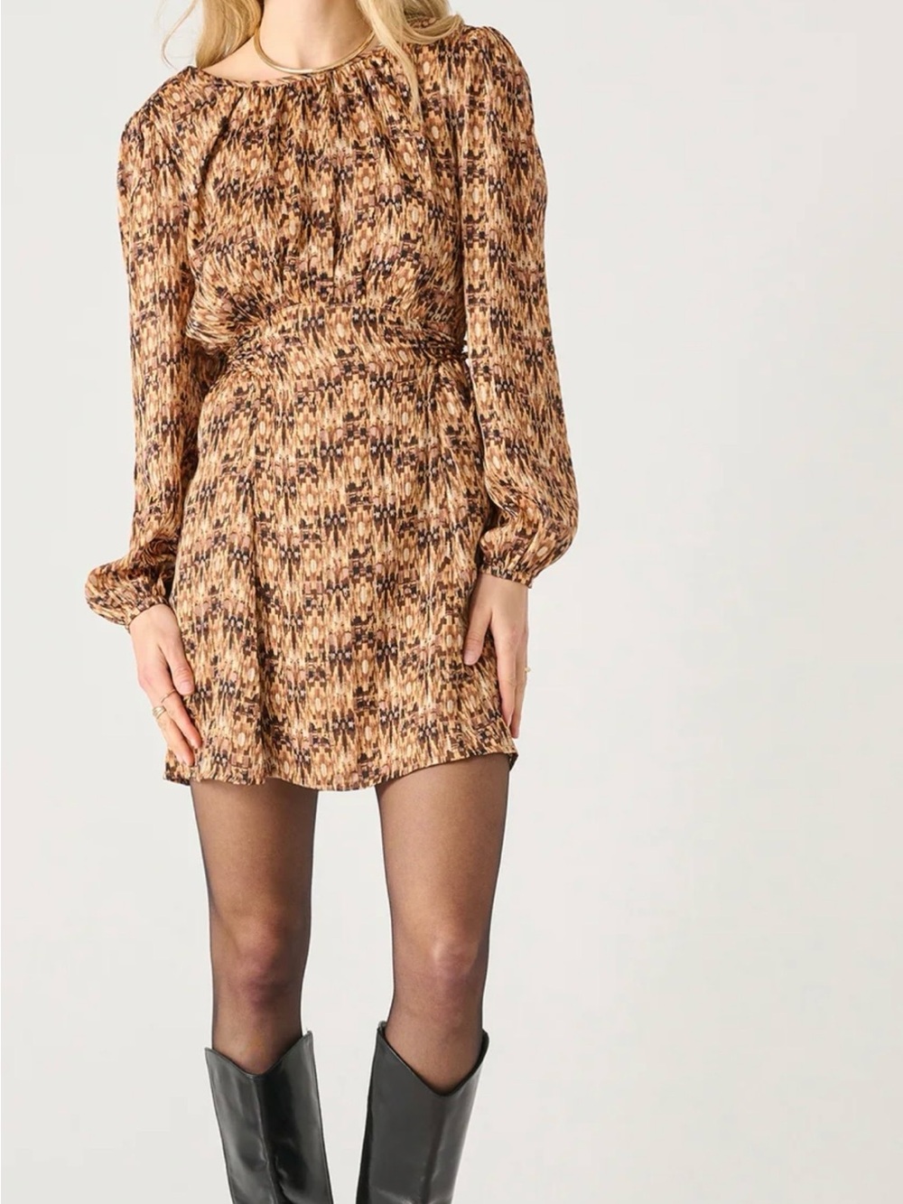 Black Tape_ Brown Printed Long-Sleeve Mini Dress